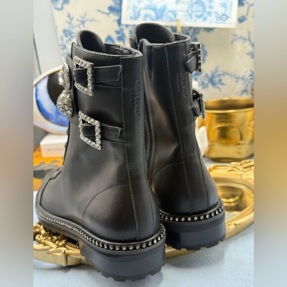🆕 KURT GEIGER LONDON 🧿 NWOB Stoop Black Leather Combat Boot, Crystal Sz 37 US7 - Picture 12 of 15